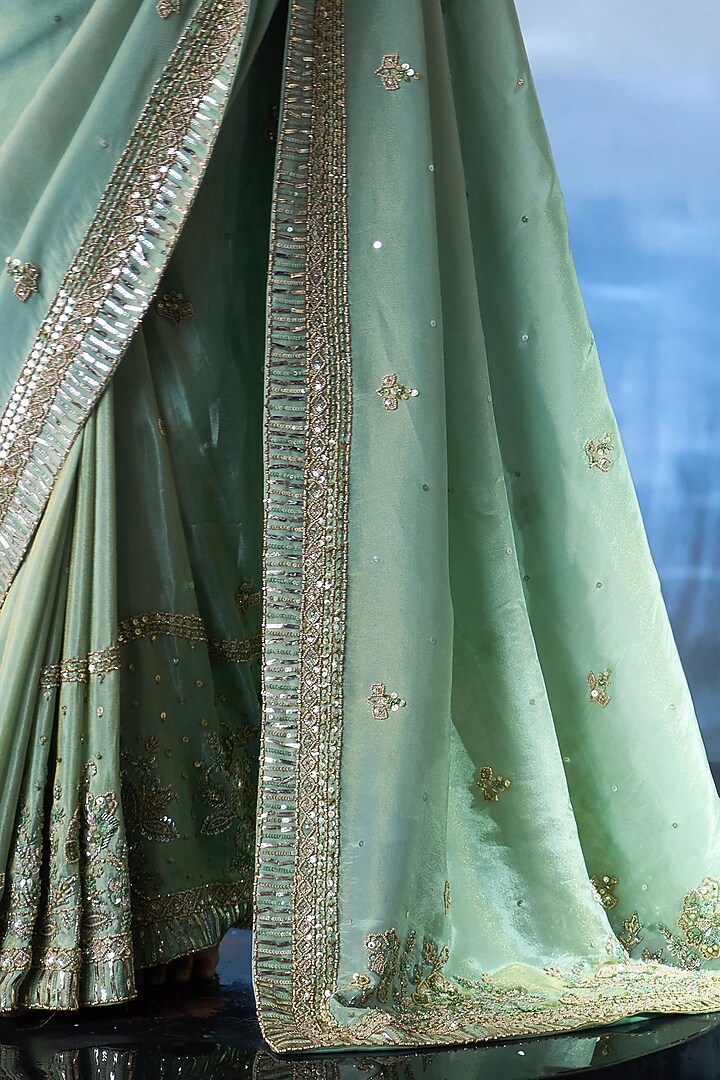 Seafoam Green Tonal Sequins & Bugle Beads Hand Embroidered Wedding Saree Set by Angad Singh at Pernia's Pop Up Shop