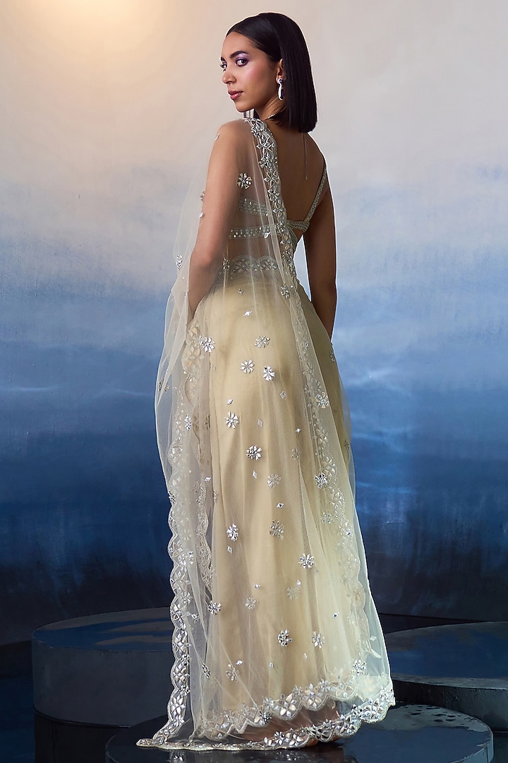 Gold Net Applique & Zari Embroidered Wedding Saree Set by Angad Singh at Pernia's Pop Up Shop