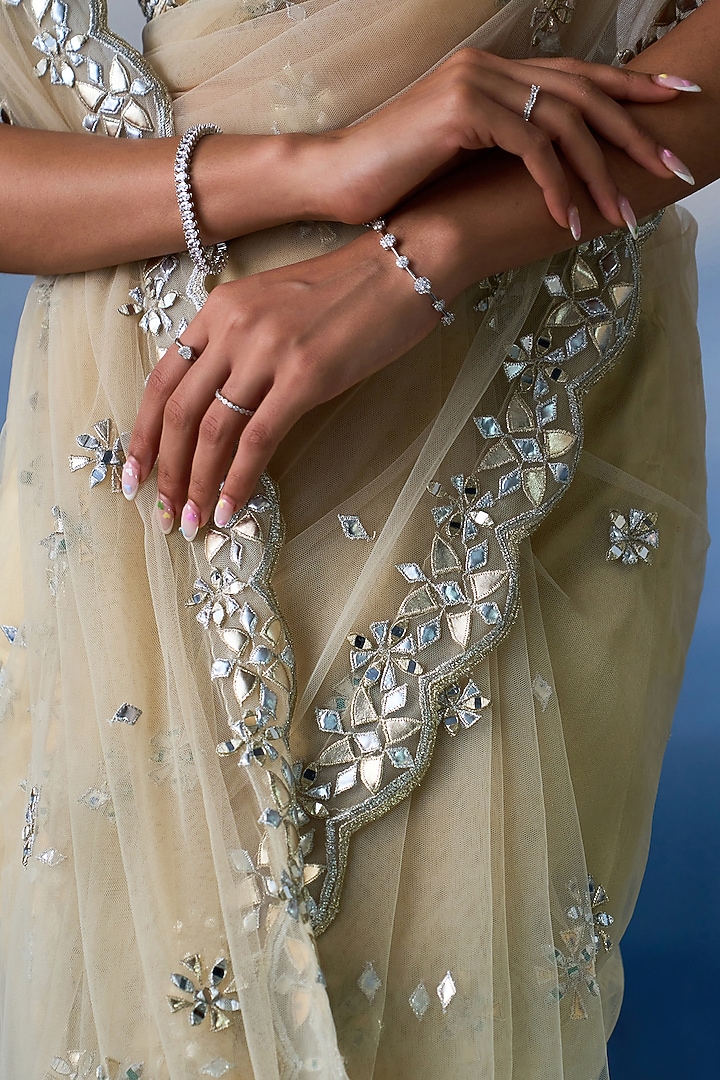 Gold Net Applique & Zari Embroidered Wedding Saree Set by Angad Singh at Pernia's Pop Up Shop