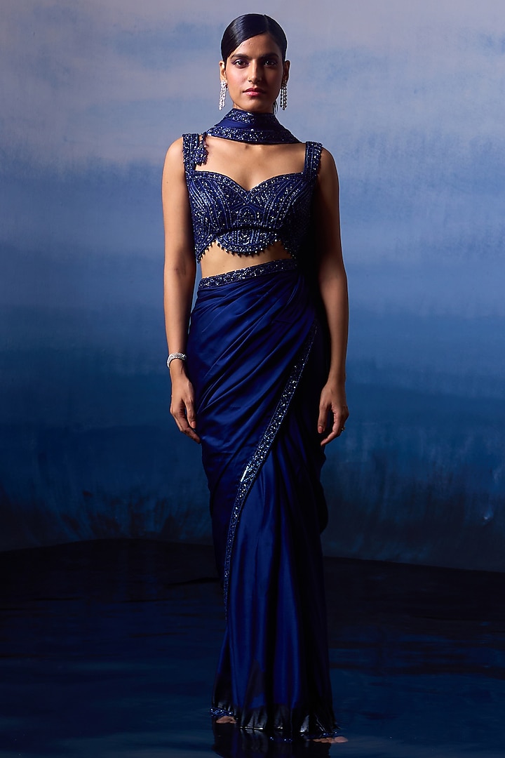 Midnight Blue Satin Sequins & Crystal Embroidered Saree Set by Angad Singh at Pernia's Pop Up Shop