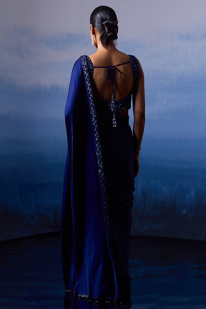 Midnight Blue Satin Sequins & Crystal Embroidered Wedding Saree Set by Angad Singh at Pernia's Pop Up Shop