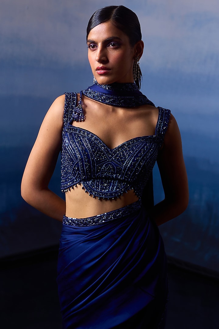 Midnight Blue Satin Sequins & Crystal Embroidered Wedding Saree Set by Angad Singh at Pernia's Pop Up Shop