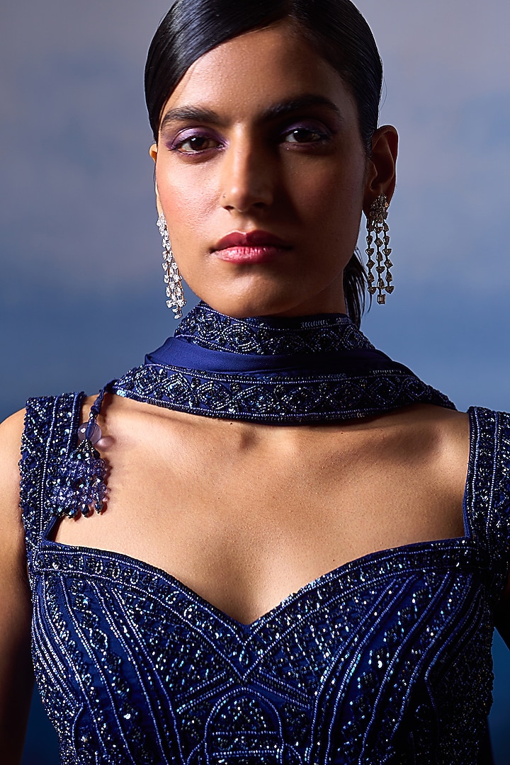 Midnight Blue Satin Sequins & Crystal Embroidered Wedding Saree Set by Angad Singh at Pernia's Pop Up Shop