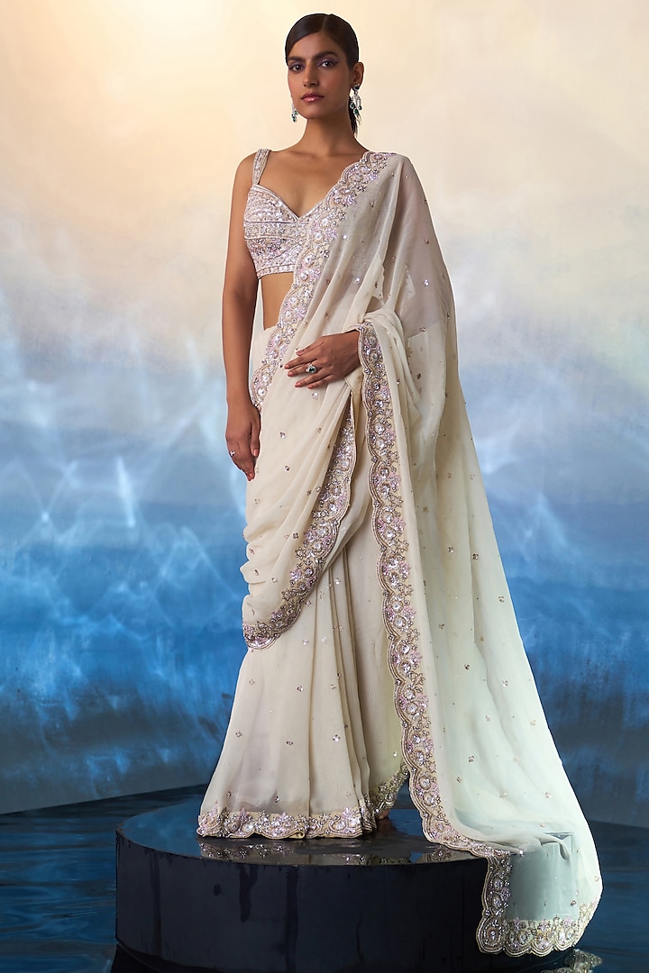 Ivory Georgette Pearl & Sequins Embroidered Saree Set by Angad Singh at Pernia's Pop Up Shop