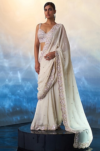 Ivory Georgette Pearl & Sequins Embroidered Saree Set by Angad Singh