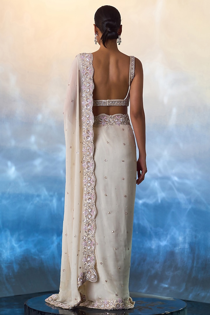 Ivory Georgette Pearl & Sequins Embroidered Wedding Saree Set by Angad Singh at Pernia's Pop Up Shop