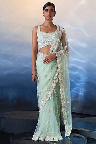 Ice Blue Net Cutdana & Pearl Embroidered Saree Set by Angad Singh