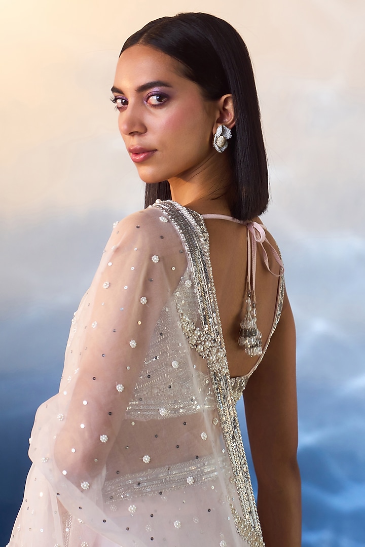 Blush Pink Organza Sequins & Crystal Embroidered Wedding Saree Set by Angad Singh at Pernia's Pop Up Shop