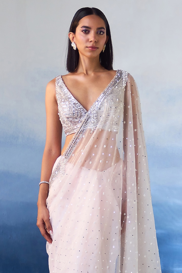 Blush Pink Organza Sequins & Crystal Embroidered Wedding Saree Set by Angad Singh at Pernia's Pop Up Shop