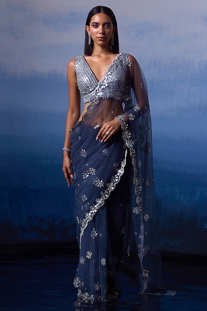 Grey Net Applique & Mirror Embroidered Saree Set by Angad Singh at Pernia's Pop Up Shop