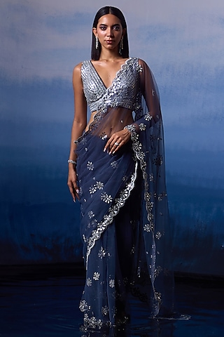 Grey Net Applique & Mirror Embroidered Saree Set by Angad Singh