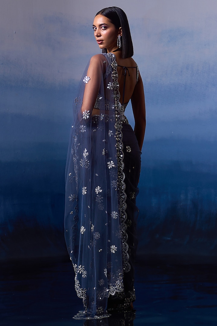 Grey Net Applique & Mirror Embroidered Wedding Saree Set by Angad Singh at Pernia's Pop Up Shop