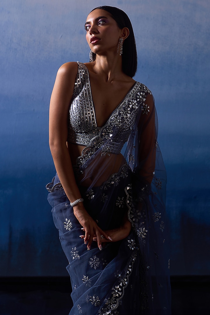 Grey Net Applique & Mirror Embroidered Wedding Saree Set by Angad Singh at Pernia's Pop Up Shop