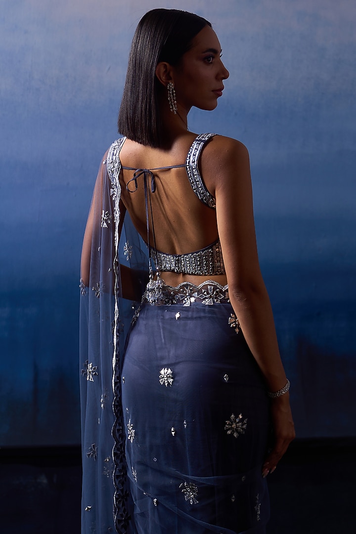 Grey Net Applique & Mirror Embroidered Wedding Saree Set by Angad Singh at Pernia's Pop Up Shop