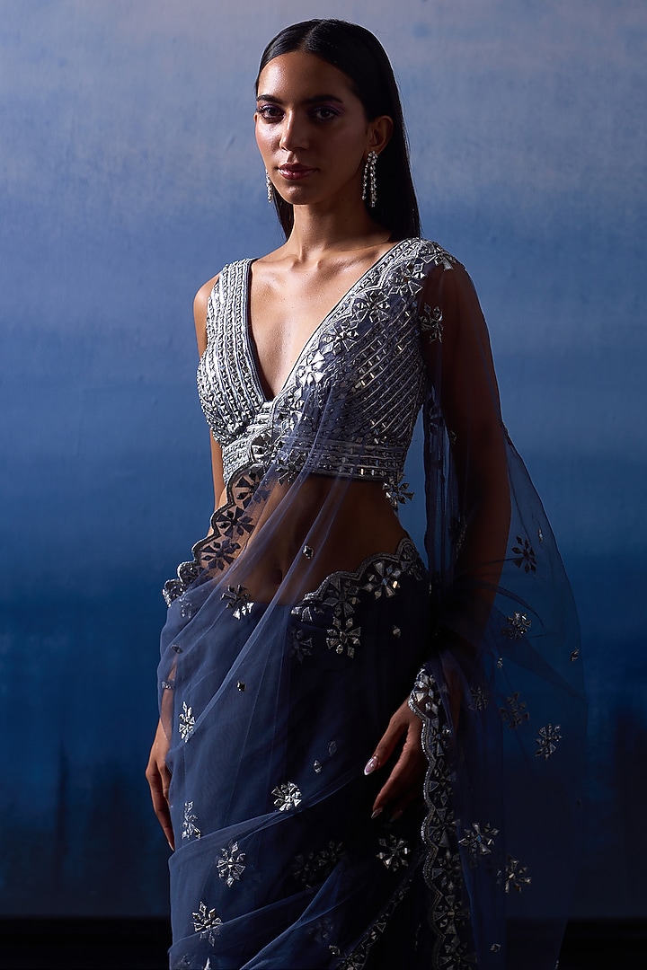 Grey Net Applique & Mirror Embroidered Wedding Saree Set by Angad Singh at Pernia's Pop Up Shop