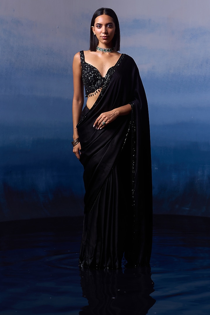 Black Satin Sequins & Crystal Embroidered Saree Set by Angad Singh at Pernia's Pop Up Shop