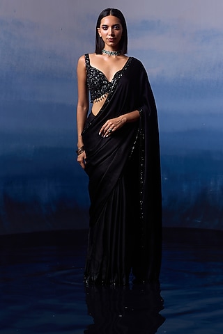 Black Satin Sequins & Crystal Embroidered Saree Set by Angad Singh