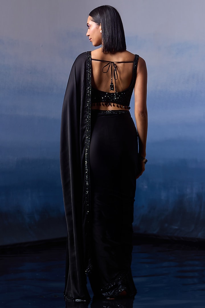 Black Satin Sequins & Crystal Embroidered Wedding Saree Set by Angad Singh at Pernia's Pop Up Shop