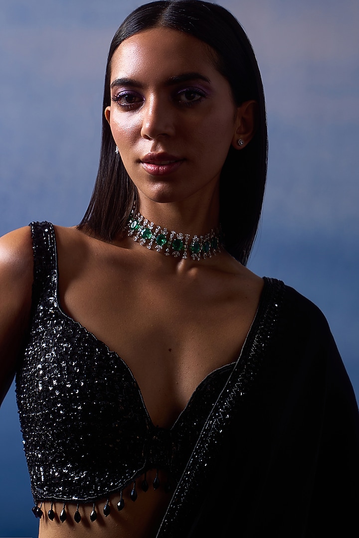Black Satin Sequins & Crystal Embroidered Wedding Saree Set by Angad Singh at Pernia's Pop Up Shop