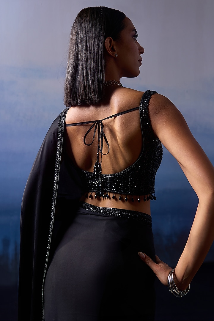 Black Satin Sequins & Crystal Embroidered Wedding Saree Set by Angad Singh at Pernia's Pop Up Shop