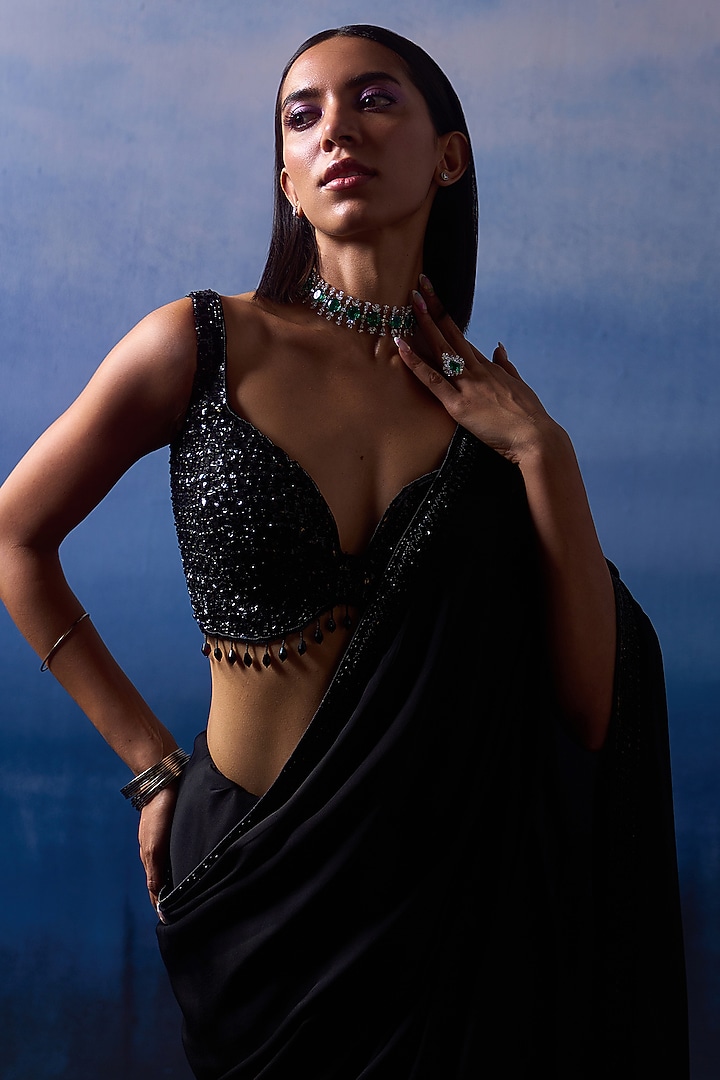 Black Satin Sequins & Crystal Embroidered Wedding Saree Set by Angad Singh at Pernia's Pop Up Shop