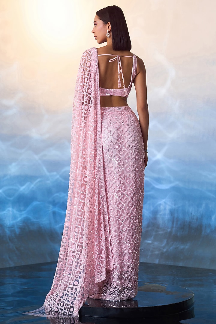 Pink Net Tonal Sequins & Bugle Beads Hand Embroidered Bridal Saree Set by Angad Singh at Pernia's Pop Up Shop