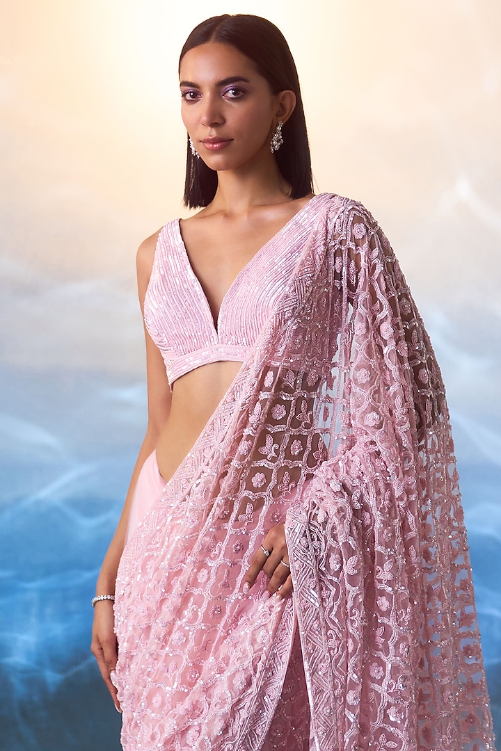 Pink Net Tonal Sequins & Bugle Beads Hand Embroidered Bridal Saree Set by Angad Singh at Pernia's Pop Up Shop