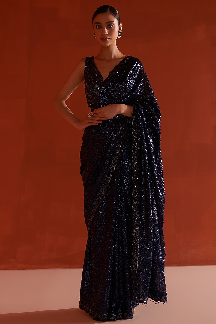 Midnight Blue Georgette Embroidered Wedding Saree Set by Angad Singh at Pernia's Pop Up Shop