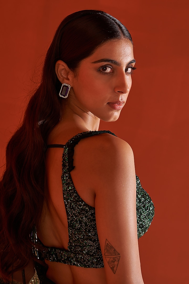 Green Net Embroidered Reception Saree Set by Angad Singh at Pernia's Pop Up Shop
