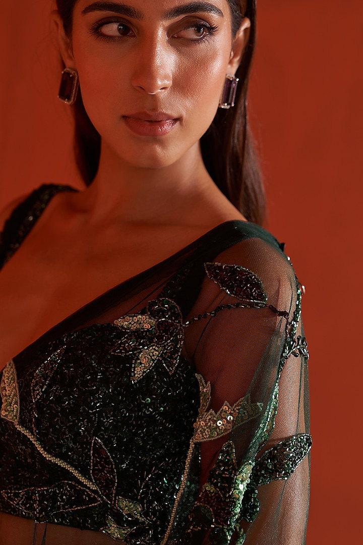 Green Net Embroidered Reception Saree Set by Angad Singh at Pernia's Pop Up Shop