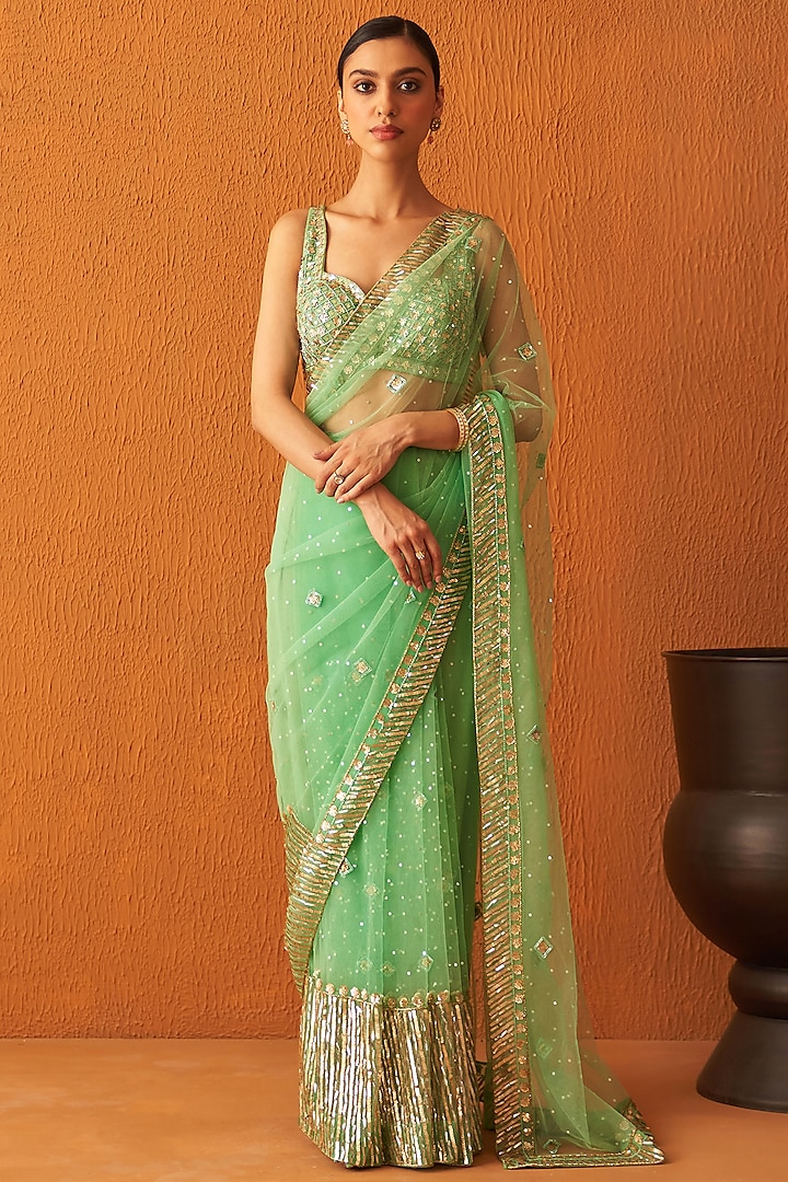 Sea Green Net Embroidered Saree Set by Angad Singh