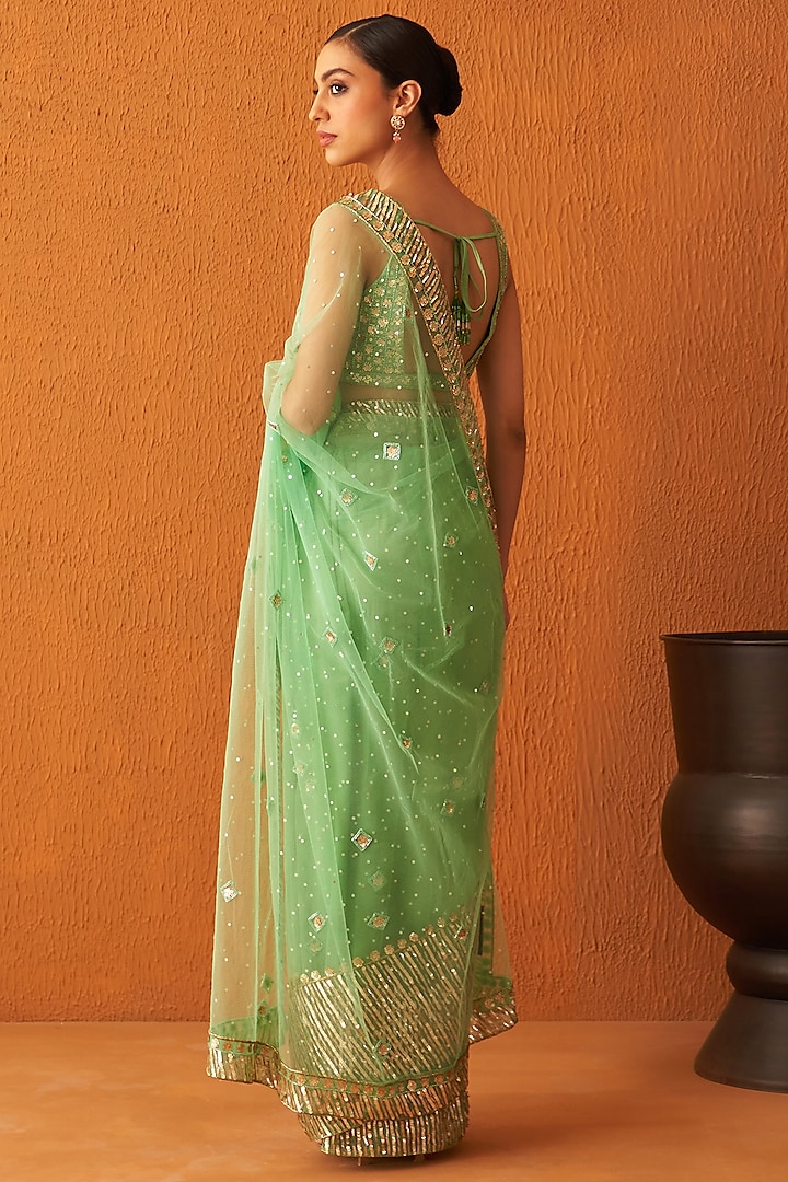 Sea Green Net Embroidered Wedding Saree Set by Angad Singh at Pernia's Pop Up Shop