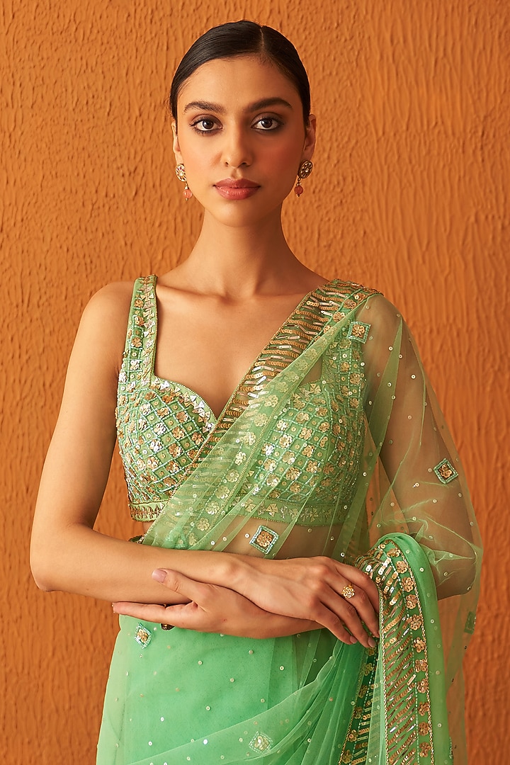 Sea Green Net Embroidered Wedding Saree Set by Angad Singh at Pernia's Pop Up Shop
