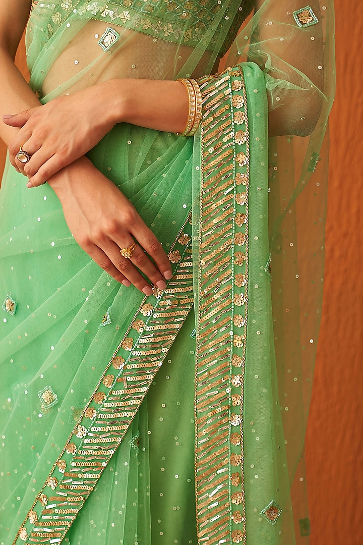 Sea Green Net Embroidered Wedding Saree Set by Angad Singh at Pernia's Pop Up Shop