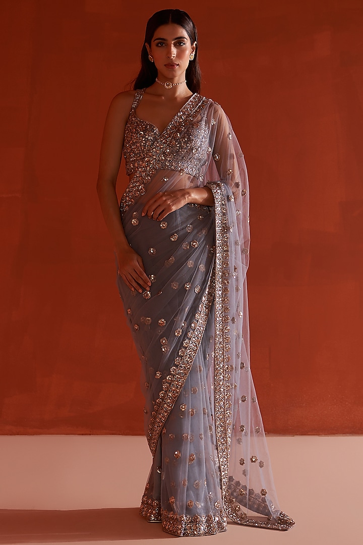 Grey Net Embroidered Saree Set by Angad Singh