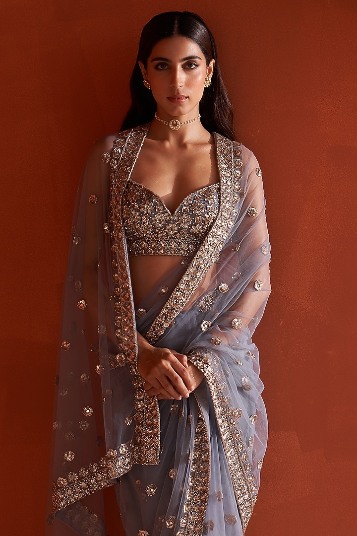Grey Net Embroidered Wedding Saree Set by Angad Singh at Pernia's Pop Up Shop