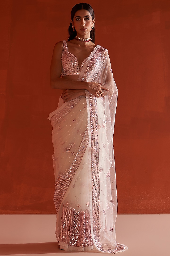 Ivory Net Sequins Embroidered Saree Set by Angad Singh