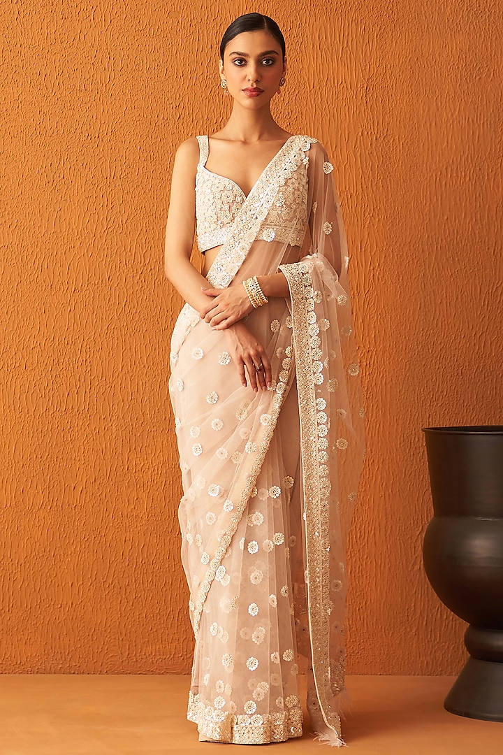 Peach Net Embroidered Saree Set by Angad Singh