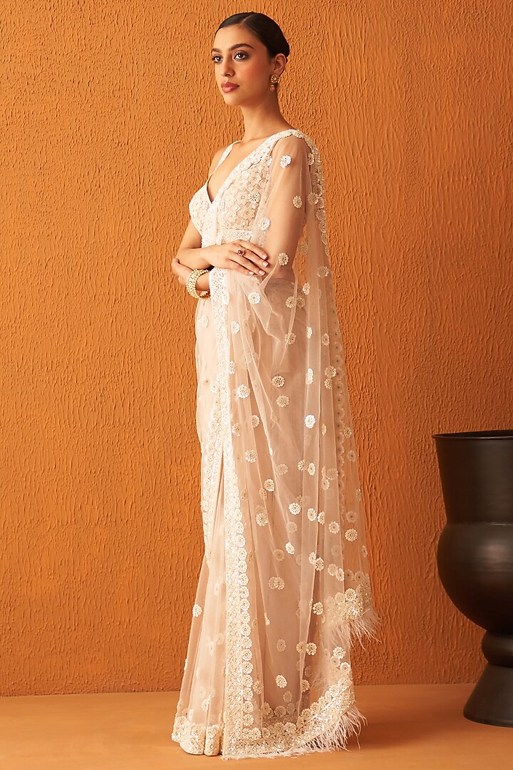 Peach Net Embroidered Wedding Saree Set by Angad Singh at Pernia's Pop Up Shop