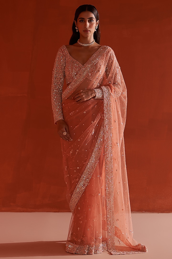 Pastel Orange Net Embroidered Saree Set by Angad Singh