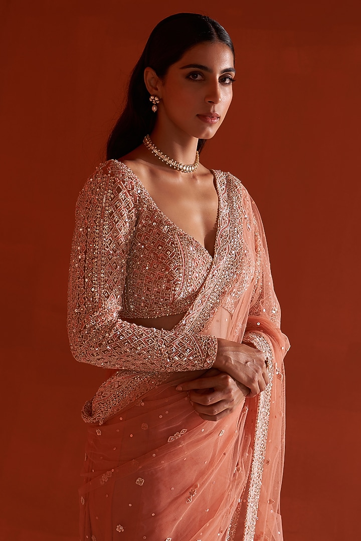 Pastel Orange Net Embroidered Wedding Saree Set by Angad Singh at Pernia's Pop Up Shop