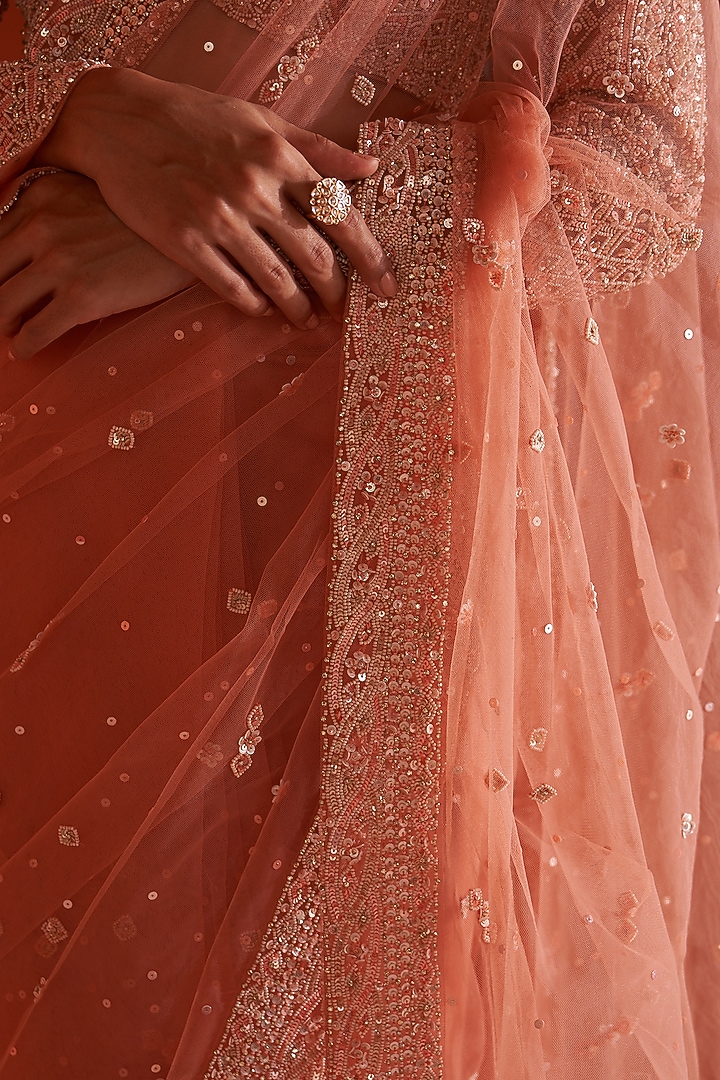 Pastel Orange Net Embroidered Wedding Saree Set by Angad Singh at Pernia's Pop Up Shop