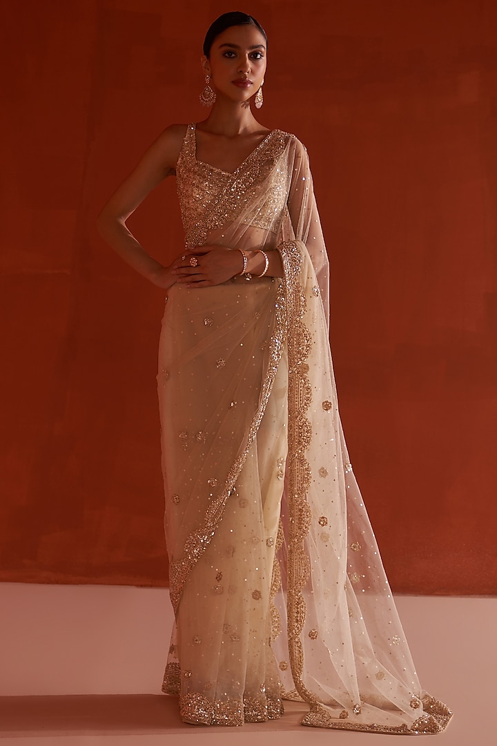 Gold Net Embroidered Saree Set by Angad Singh