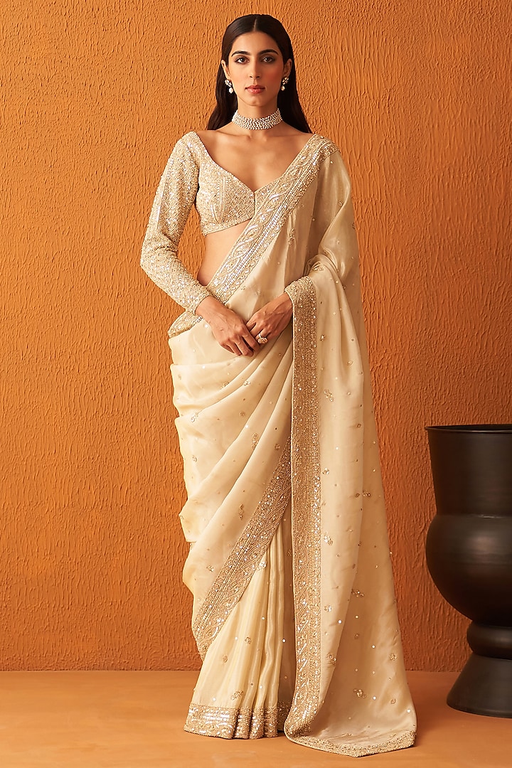 Gold Tissue Embroidered Saree Set by Angad Singh