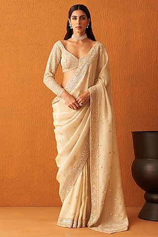 Gold Tissue Embroidered Saree Set by Angad Singh