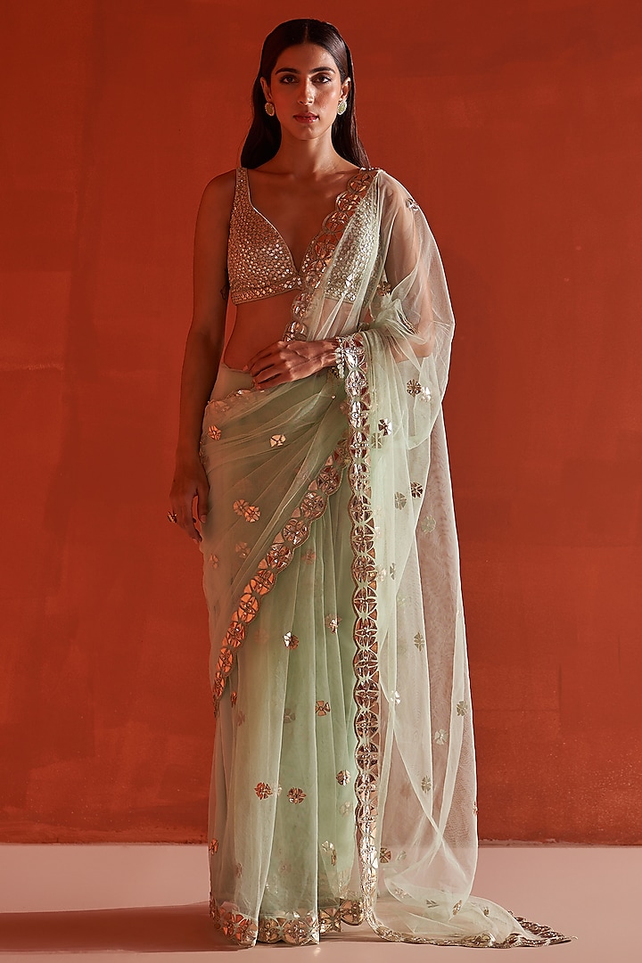 Sea Green Net Embroidered Saree Set by Angad Singh