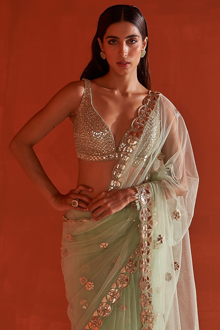 Sea Green Net Embroidered Wedding Saree Set by Angad Singh at Pernia's Pop Up Shop