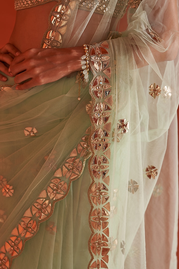 Sea Green Net Embroidered Wedding Saree Set by Angad Singh at Pernia's Pop Up Shop