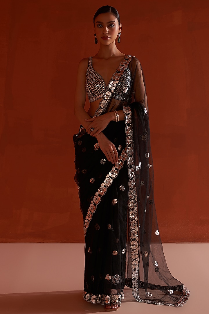 Black Net Embroidered Saree Set by Angad Singh