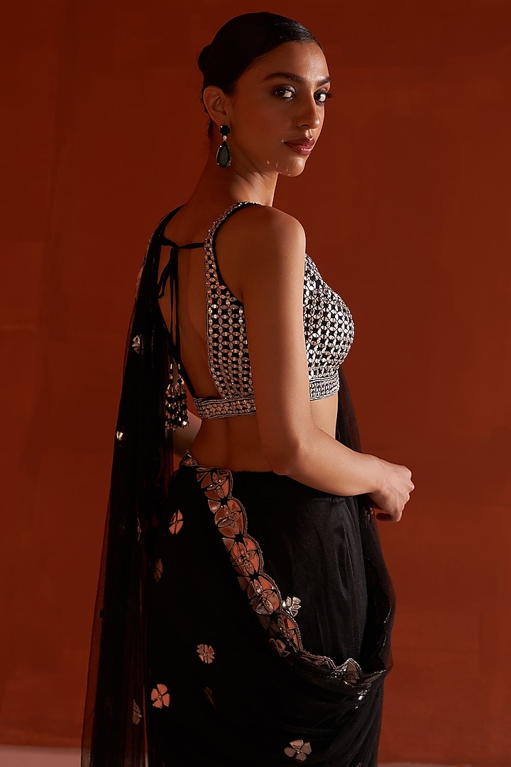 Black Net Embroidered Wedding Saree Set by Angad Singh at Pernia's Pop Up Shop